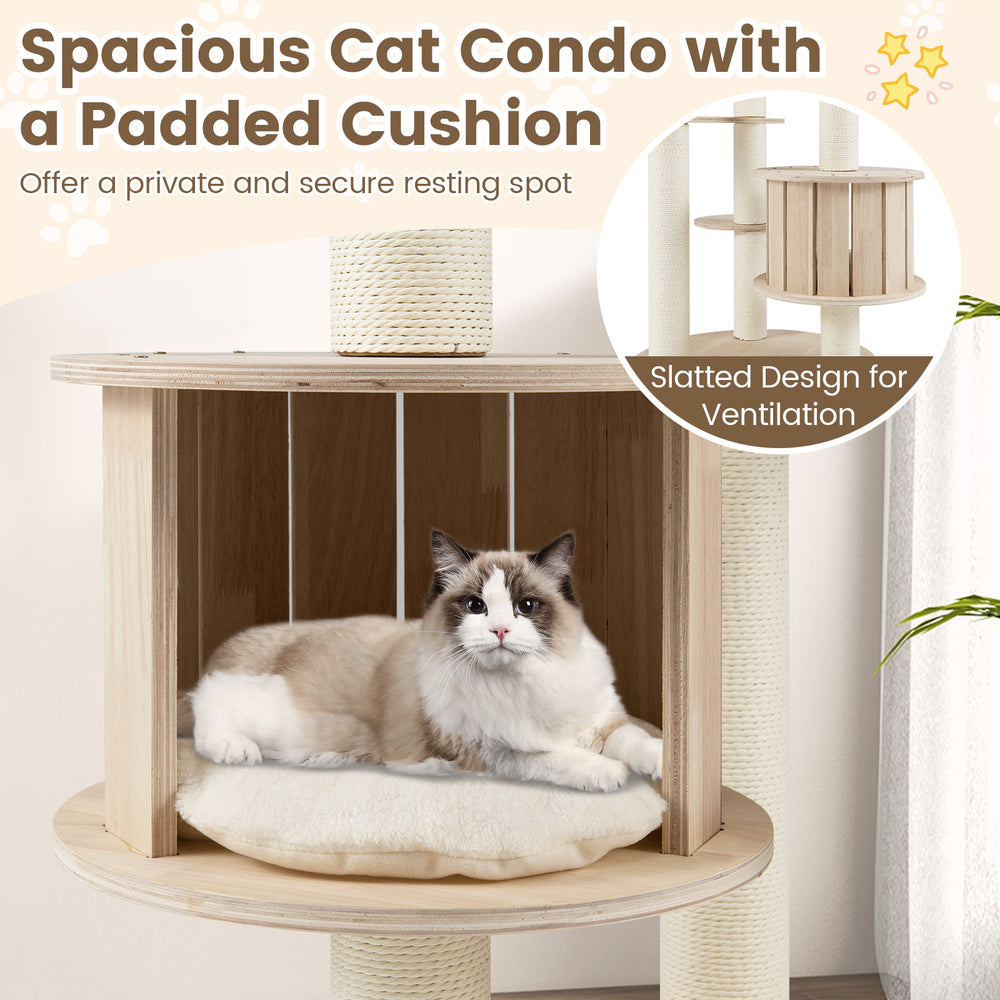 Spacious cat condo with a padded cushion and slatted design for ventilation, perfect for a cozy resting spot.