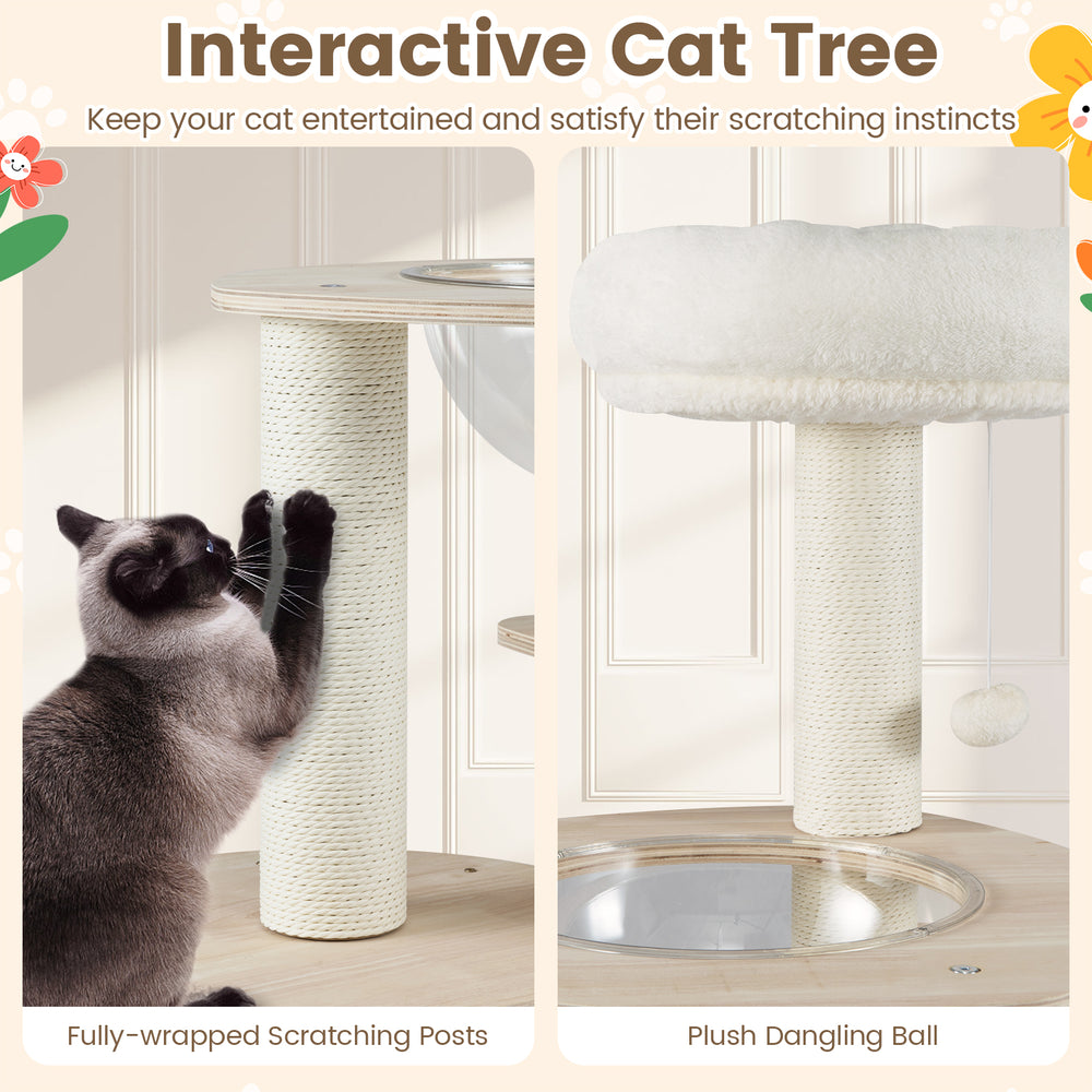 Interactive cat tree featuring fully-wrapped scratching posts and a plush dangling ball for playful climbing fun.