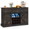 52-inch black wine bar cabinet with LED lights, sliding barn doors, and storage for 12 wine bottles and glasses.