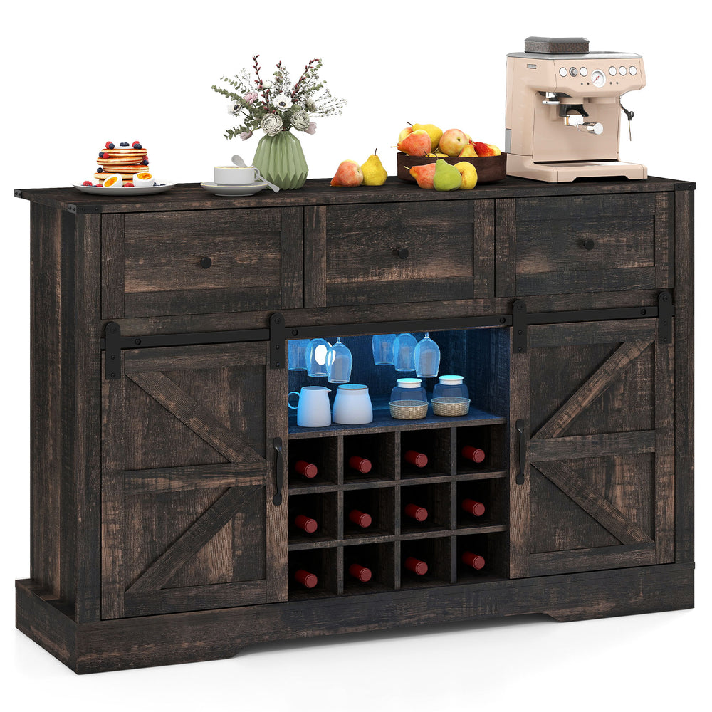 52-inch black wine bar cabinet with LED lights, sliding barn doors, and storage for 12 wine bottles and glasses.