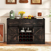 52-inch black wine bar cabinet with LED lights, sliding barn doors, and adjustable shelves for home bar or dining room.