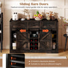 52-inch black wine bar cabinet with sliding barn doors, LED lights, and adjustable shelves for versatile storage.
