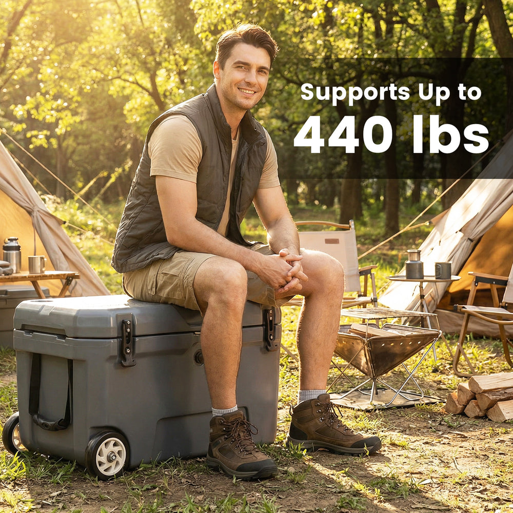 Portable gray cooler with wheels, 52 quart capacity, supports 440 lbs, ideal for camping and outdoor activities.