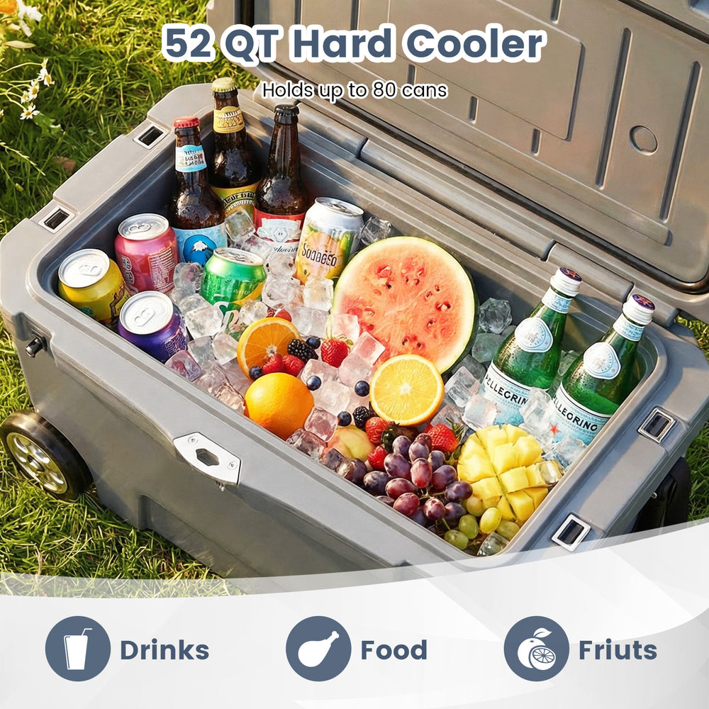 52 QT gray hard cooler filled with drinks and fruits, featuring wheels for easy transport, ideal for camping and.