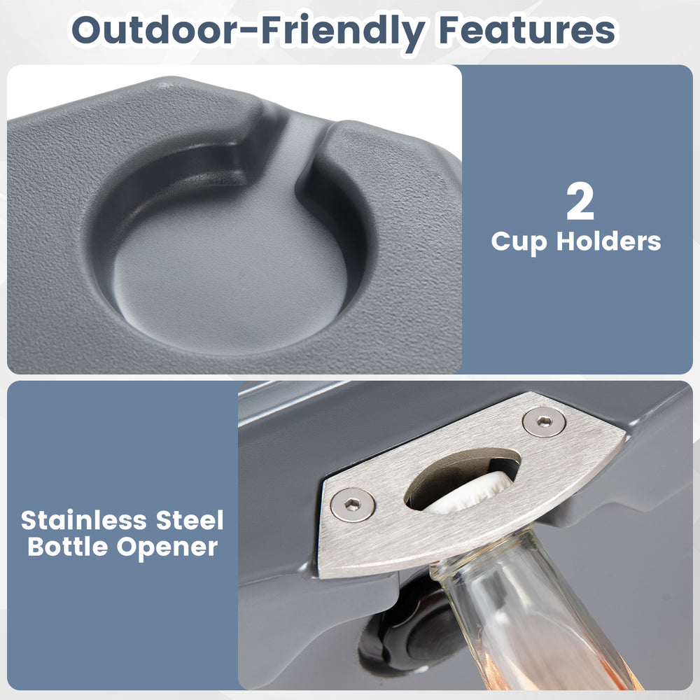 Close-up of the 52 quart portable cooler's stainless steel bottle opener and two cup holders for outdoor convenience.