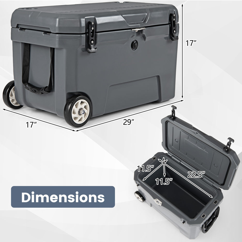 52 quart gray portable hard cooler with wheels, showing dimensions and features for camping and outdoor use.