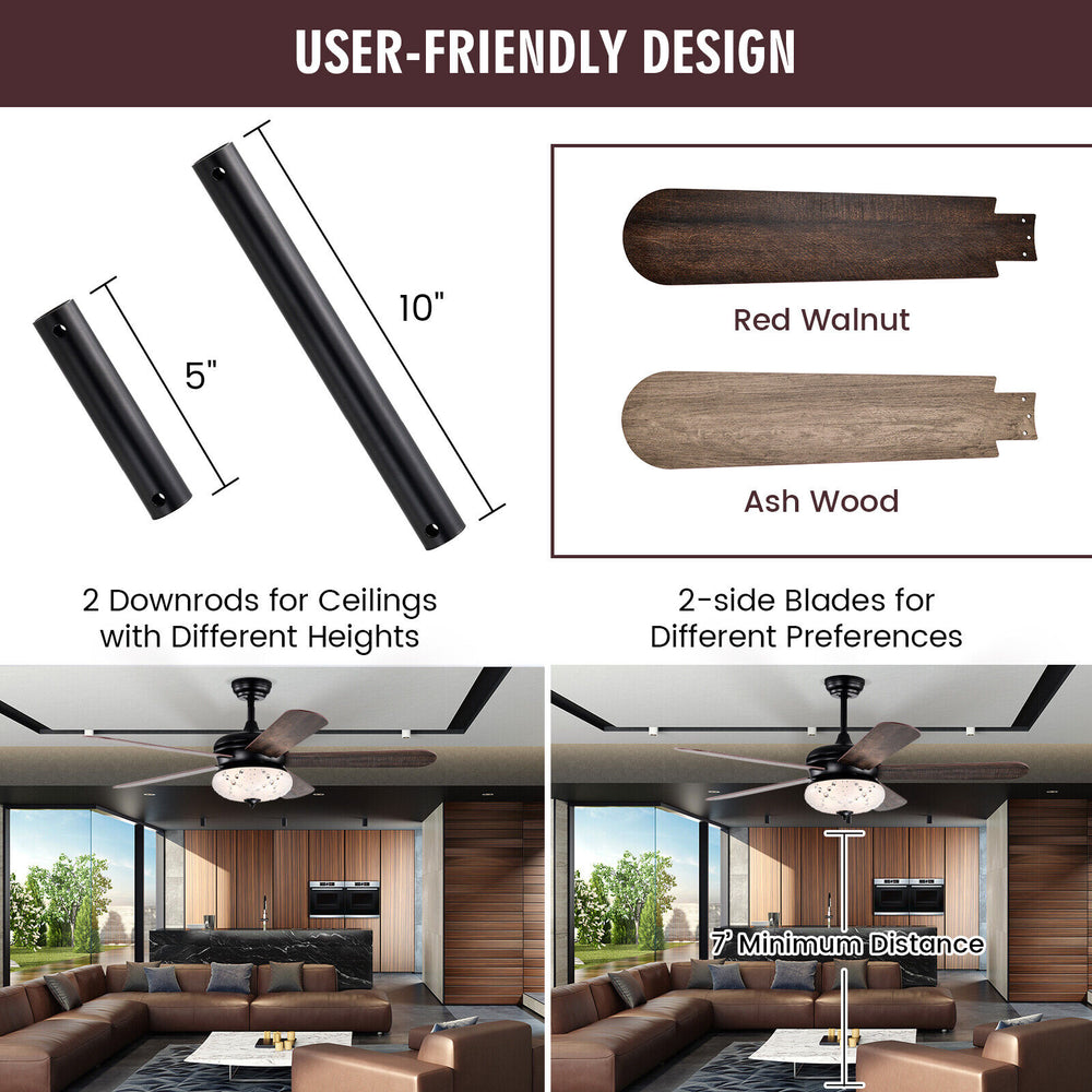 52-inch ceiling fan with remote control, featuring walnut blades, adjustable downrods, and reversible motor for.