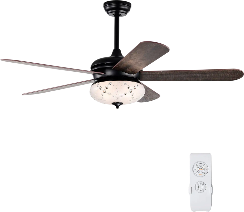 52-inch walnut ceiling fan with remote control, featuring 5 double-faced blades and a stylish light fixture for medium.