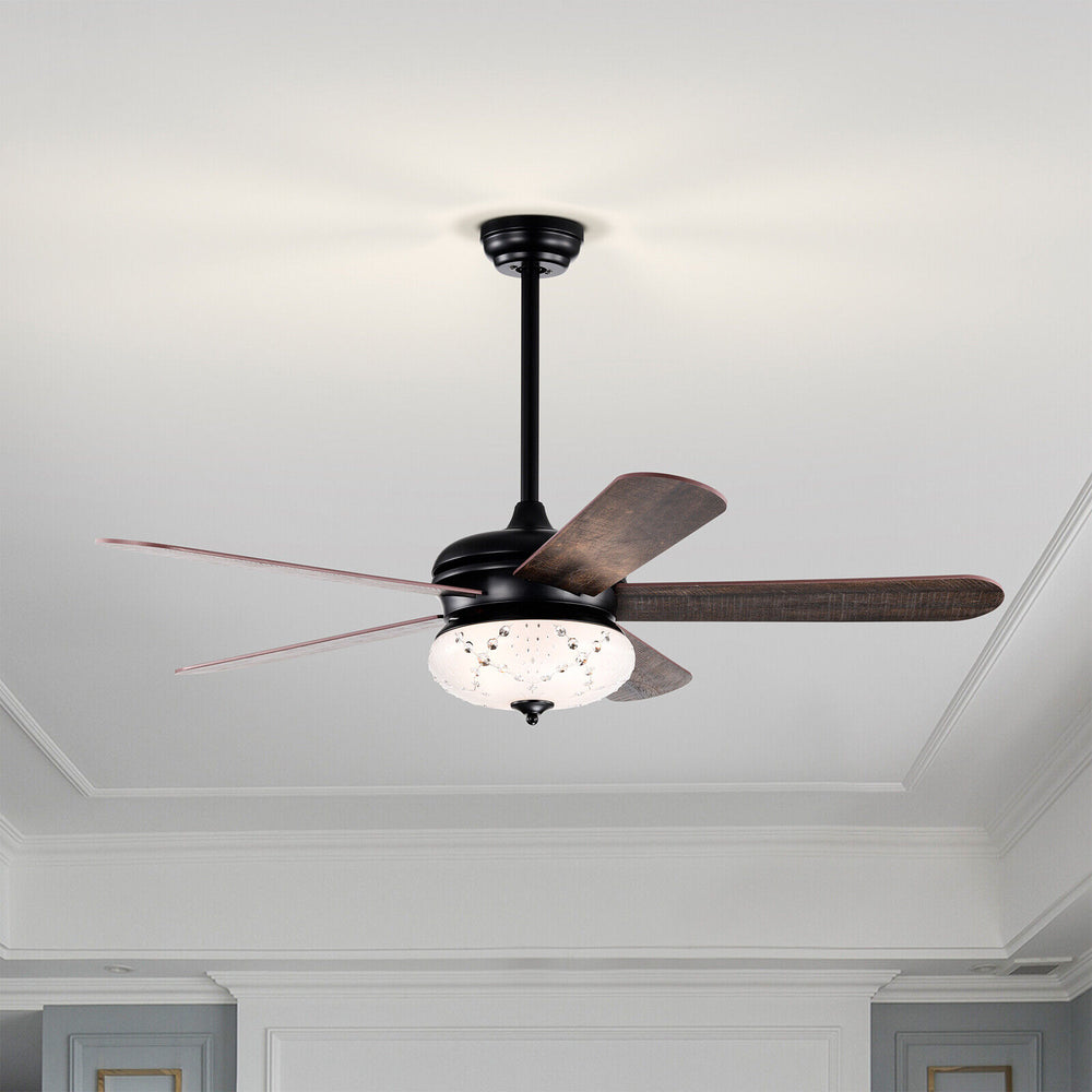 52-inch walnut ceiling fan with remote control, featuring 5 double-faced blades and a stylish light fixture for home.
