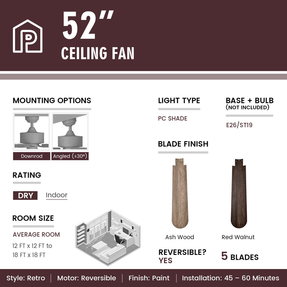 52-inch ceiling fan with walnut blades, remote control, and reversible motor for medium to large indoor rooms.