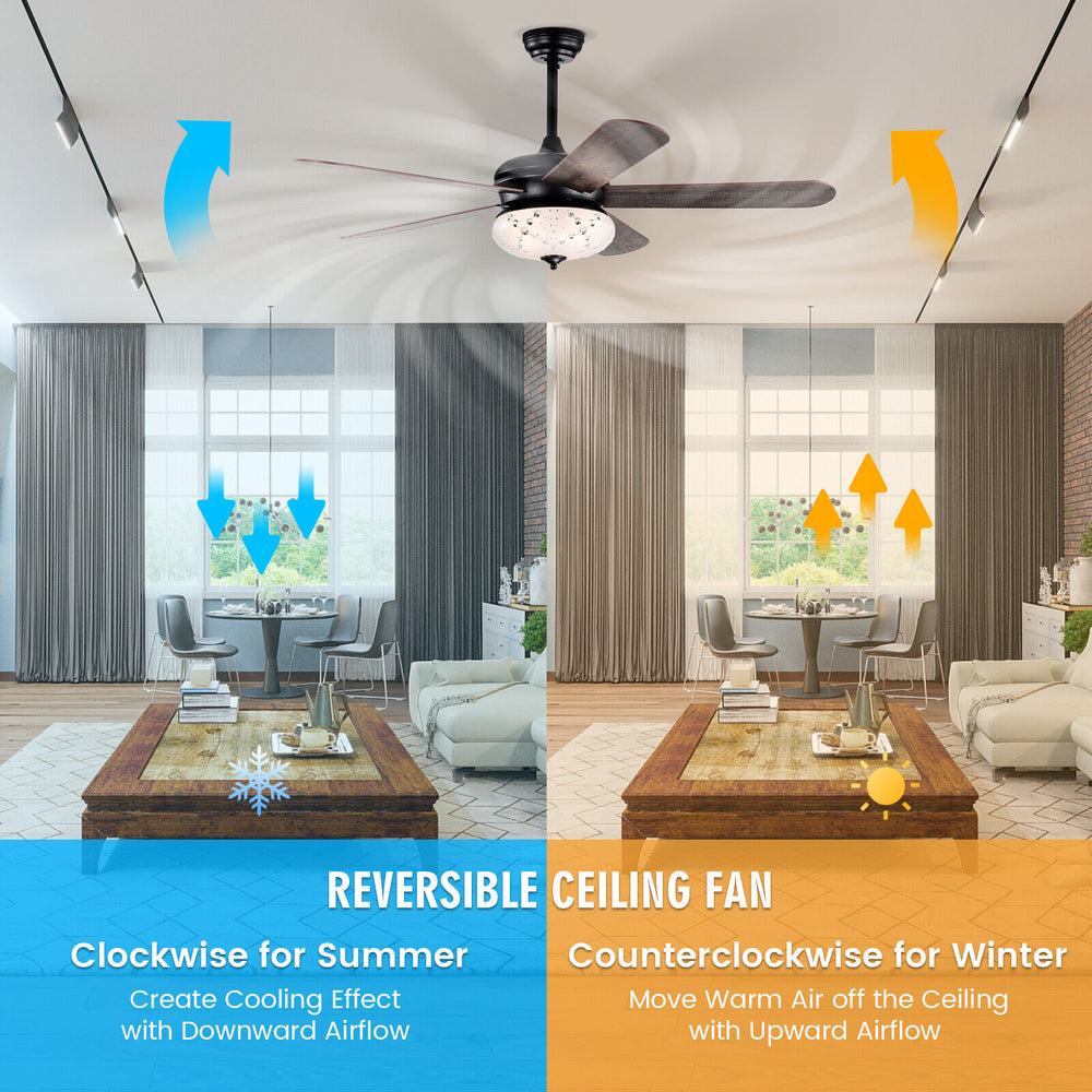 52-inch walnut ceiling fan with remote control, featuring reversible motor for summer and winter airflow in a stylish.
