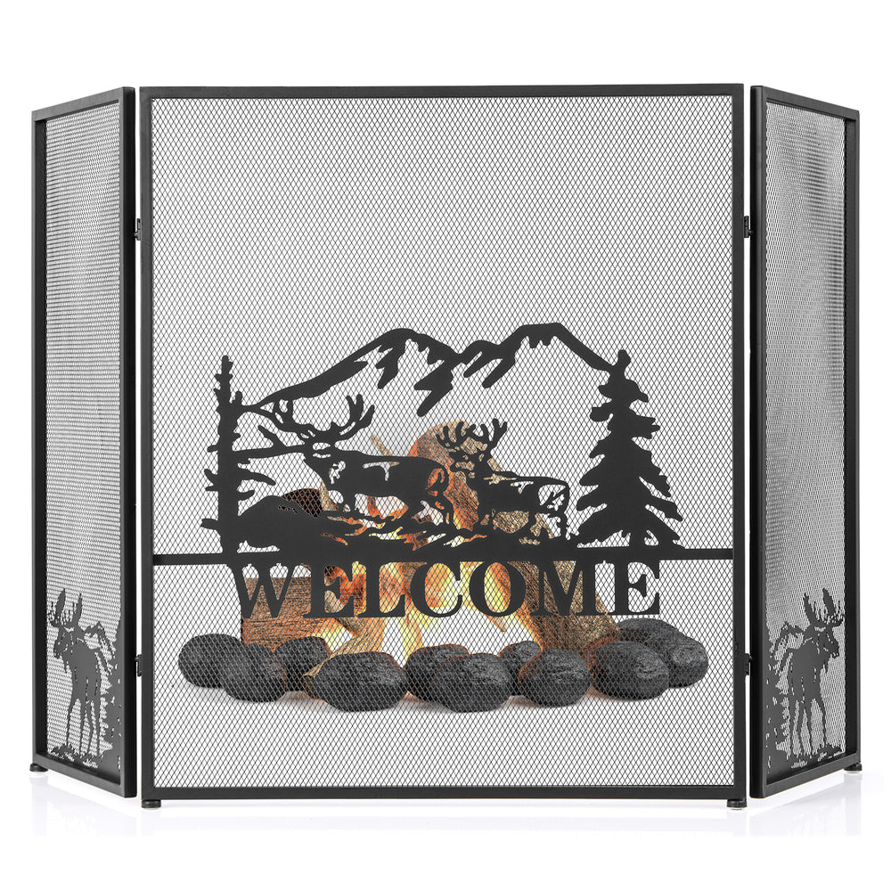 Black fireplace screen with herringbone pattern, 52 x 31 inches, foldable design for easy storage and protection from.