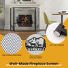 Black fireplace screen measuring 52 x 31 inches with high-density mesh, decorative herringbone pattern, and anti-slip.