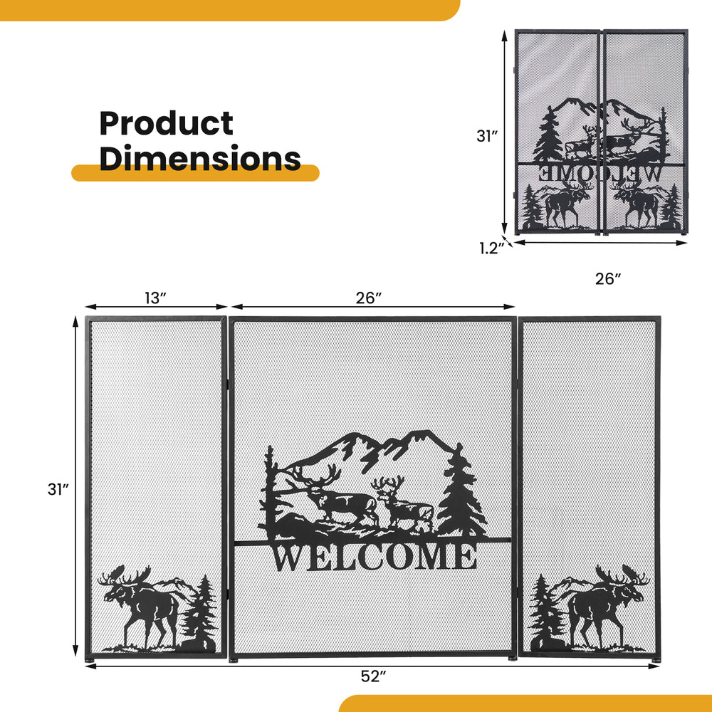 Fireplace screen dimensions showing a 52 x 31 inch black metal design with herringbone pattern and protective mesh.