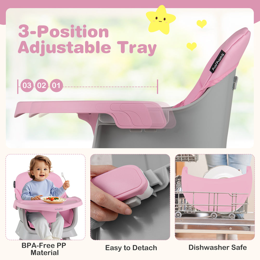 Adjustable pink tray of the 16-in-1 baby high chair, featuring BPA-free material and easy detachment for convenience.
