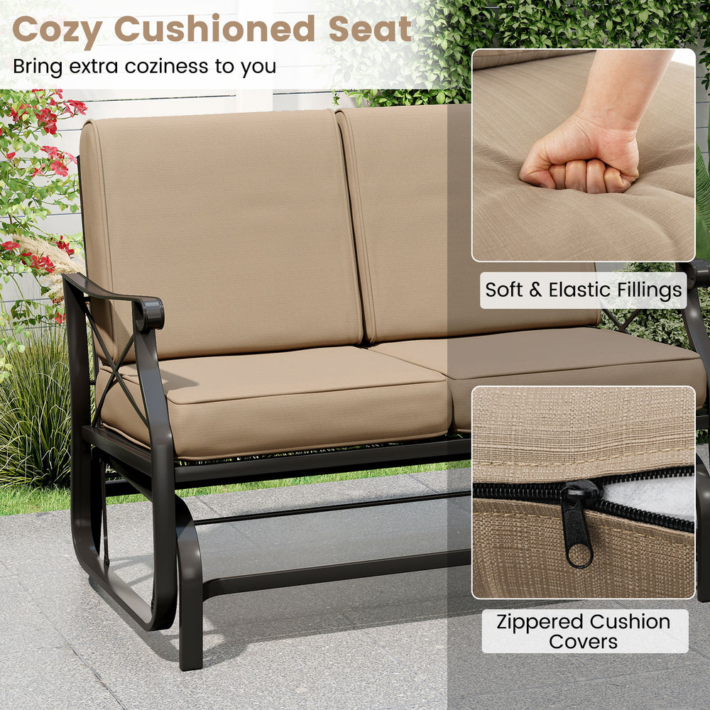 Cozy cushioned seat of the outdoor 2-person glider rocking chair with zippered covers and sturdy metal frame.