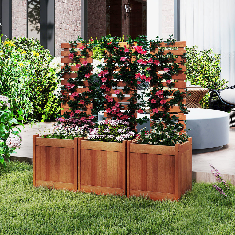 Outdoor wooden raised garden bed with trellis, featuring smooth wood, ideal for climbing plants and decorative.
