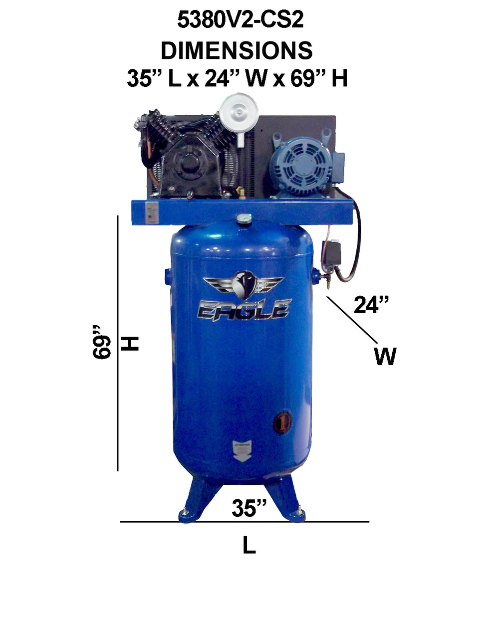Eagle Air Compressor 2 Stage 175 PSI 80 Gal. 18.5 CFM 5 HP 3-Phase 208/230V 5380V2-CS2 New
