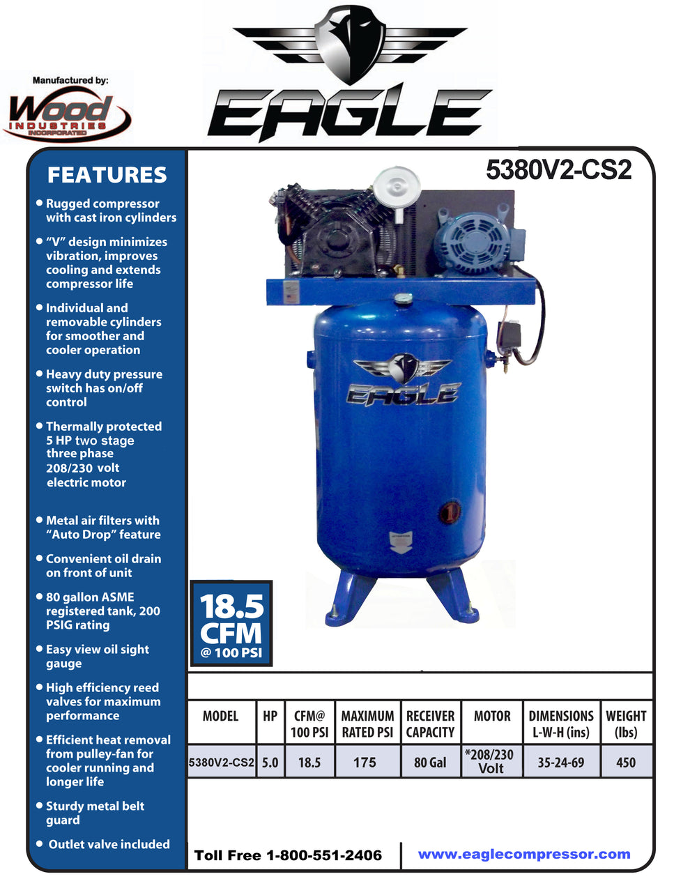 Eagle Air Compressor 2 Stage 175 PSI 80 Gal. 18.5 CFM 5 HP 3-Phase 208/230V 5380V2-CS2 New