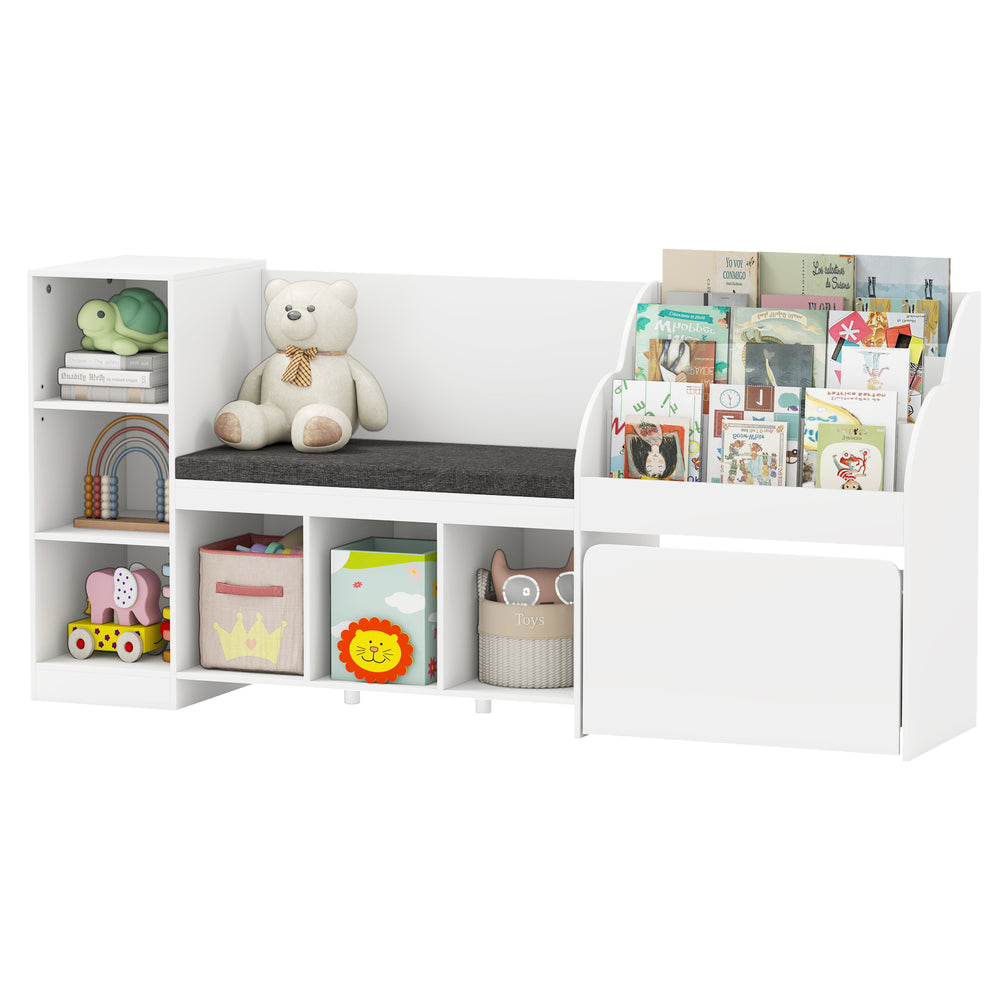 Kids bookcase with reading nook, white finish, featuring 6 storage cubbies and a removable cushion for comfort.