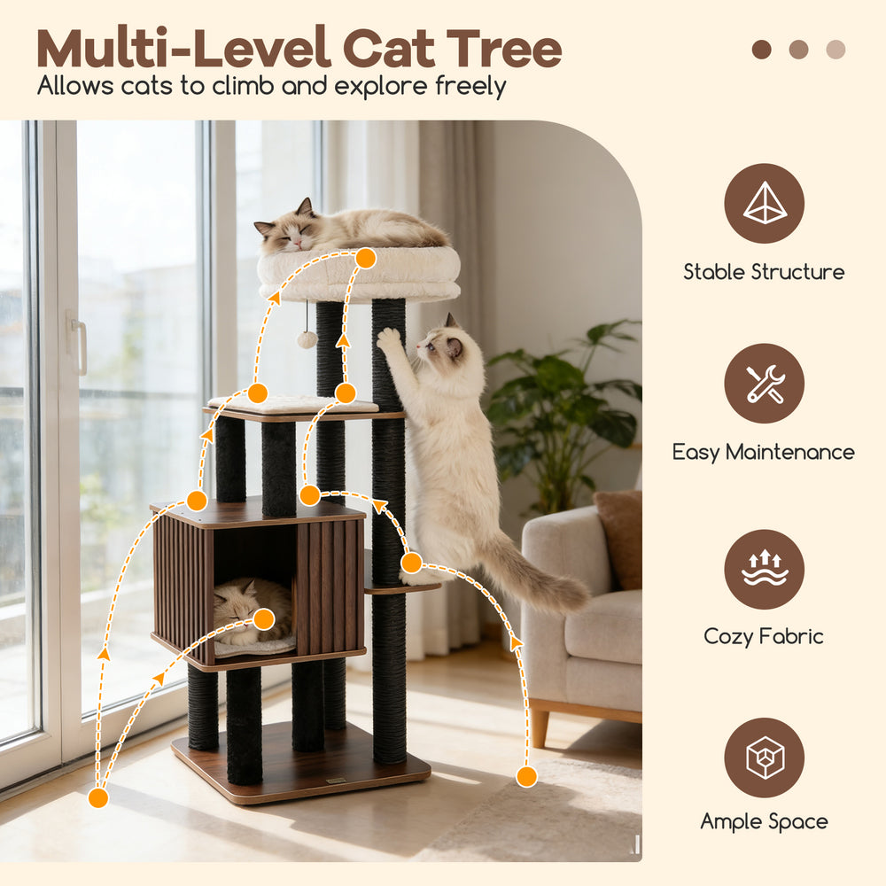 Multi-level cat tree with cozy top perch, soft padding, and sturdy scratching posts for indoor cats.