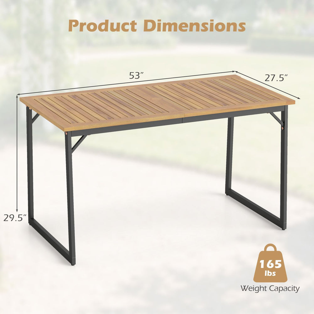 53" acacia wood patio dining table with a 1.97" umbrella hole, perfect for outdoor gatherings and stable support.