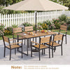 Acacia wood patio dining table for 6 features a spacious slatted surface and a built-in umbrella hole for outdoor gatherings.