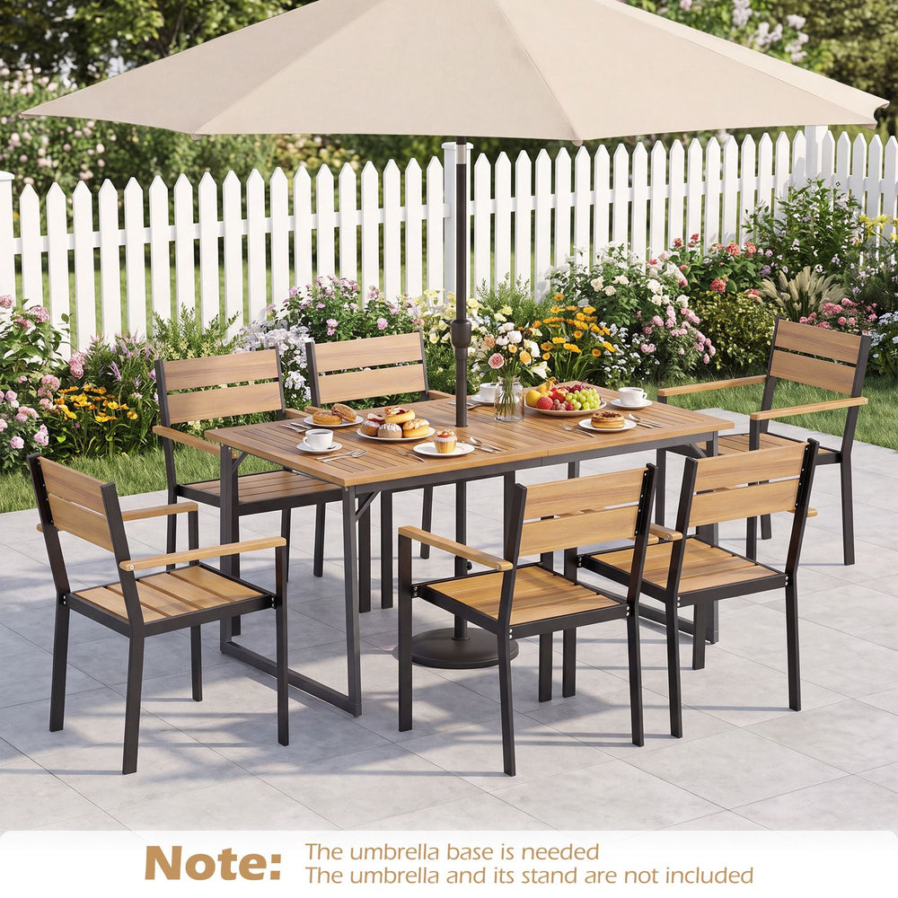 Acacia wood patio dining table for 6 features a spacious slatted surface and a built-in umbrella hole for outdoor gatherings.