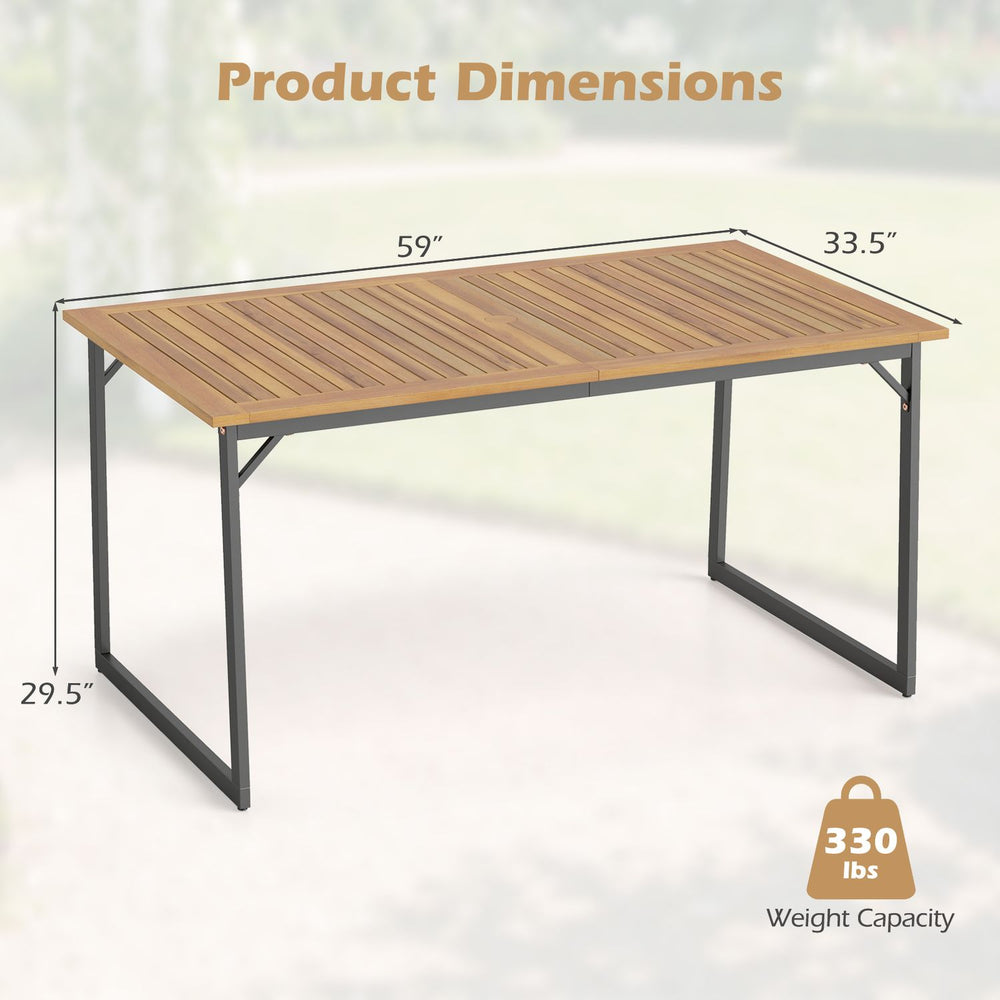 Acacia wood patio dining table measuring 59" x 33.5" with a powder-coated metal frame, perfect for outdoor gatherings.