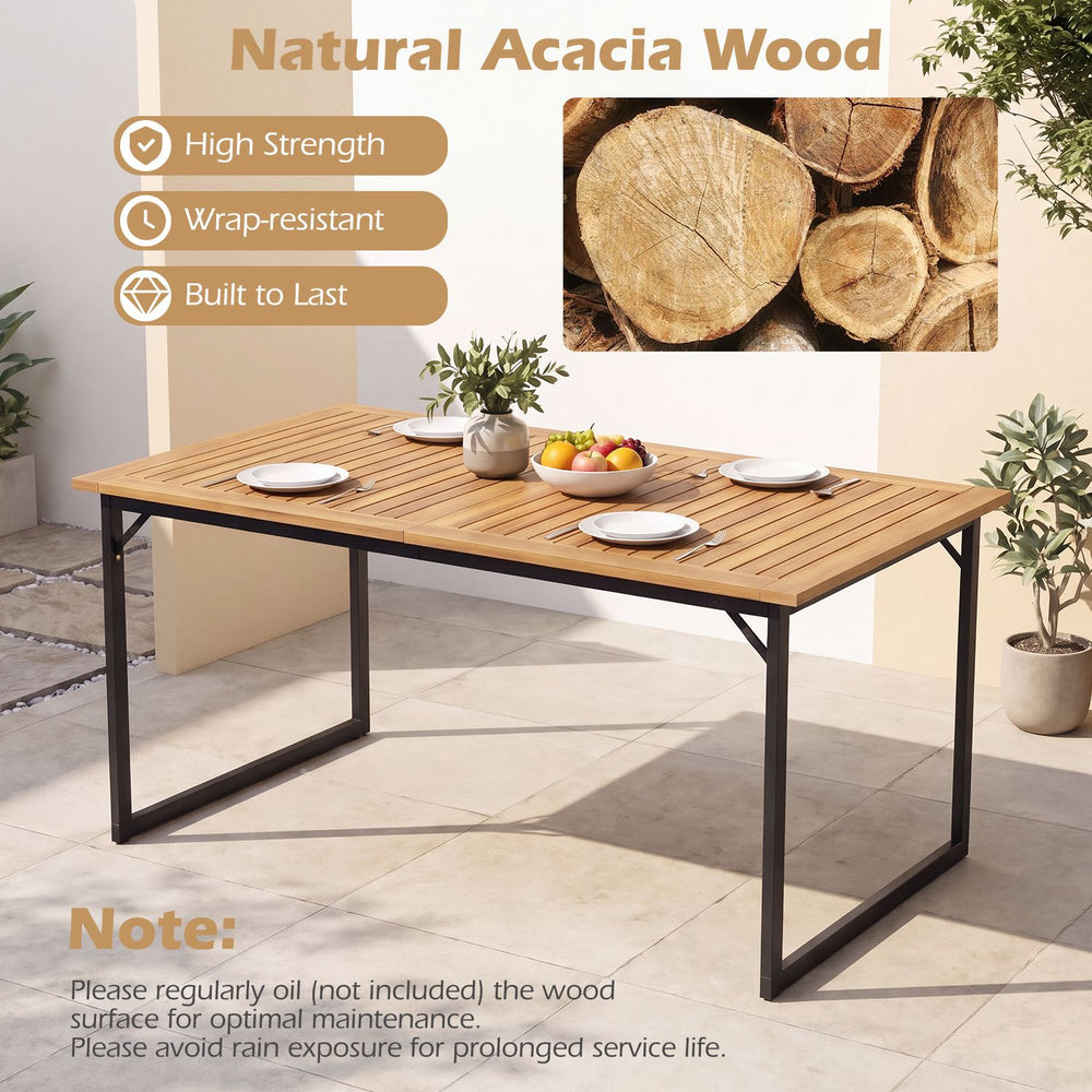53" acacia wood patio dining table with a slatted surface, built-in umbrella hole, and sturdy powder-coated metal frame.