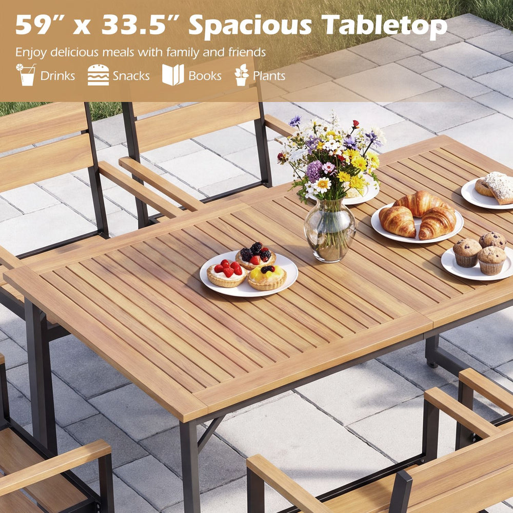 Spacious 59" x 33.5" acacia wood patio dining table with a powder-coated metal frame, perfect for outdoor gatherings.
