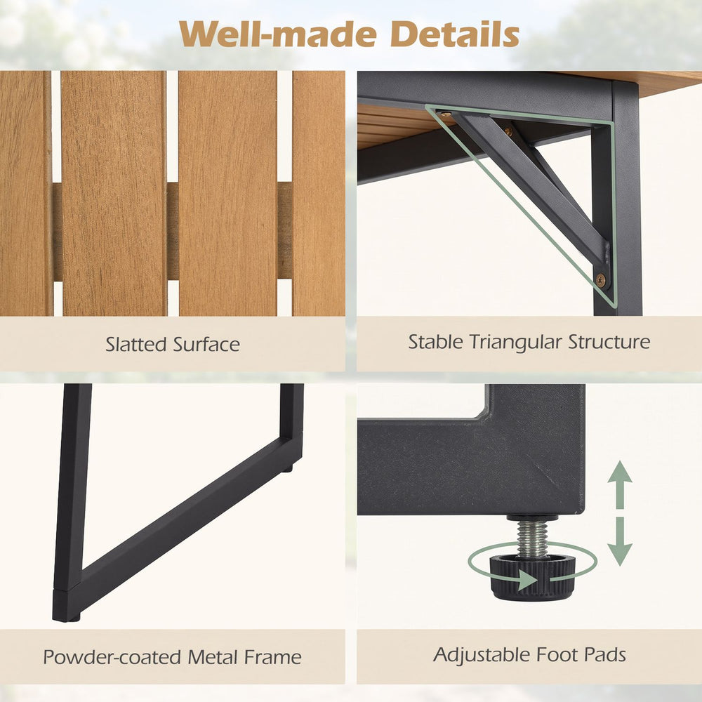 Slatted surface and powder-coated metal frame of the 53" acacia wood patio dining table provide durability and stability.