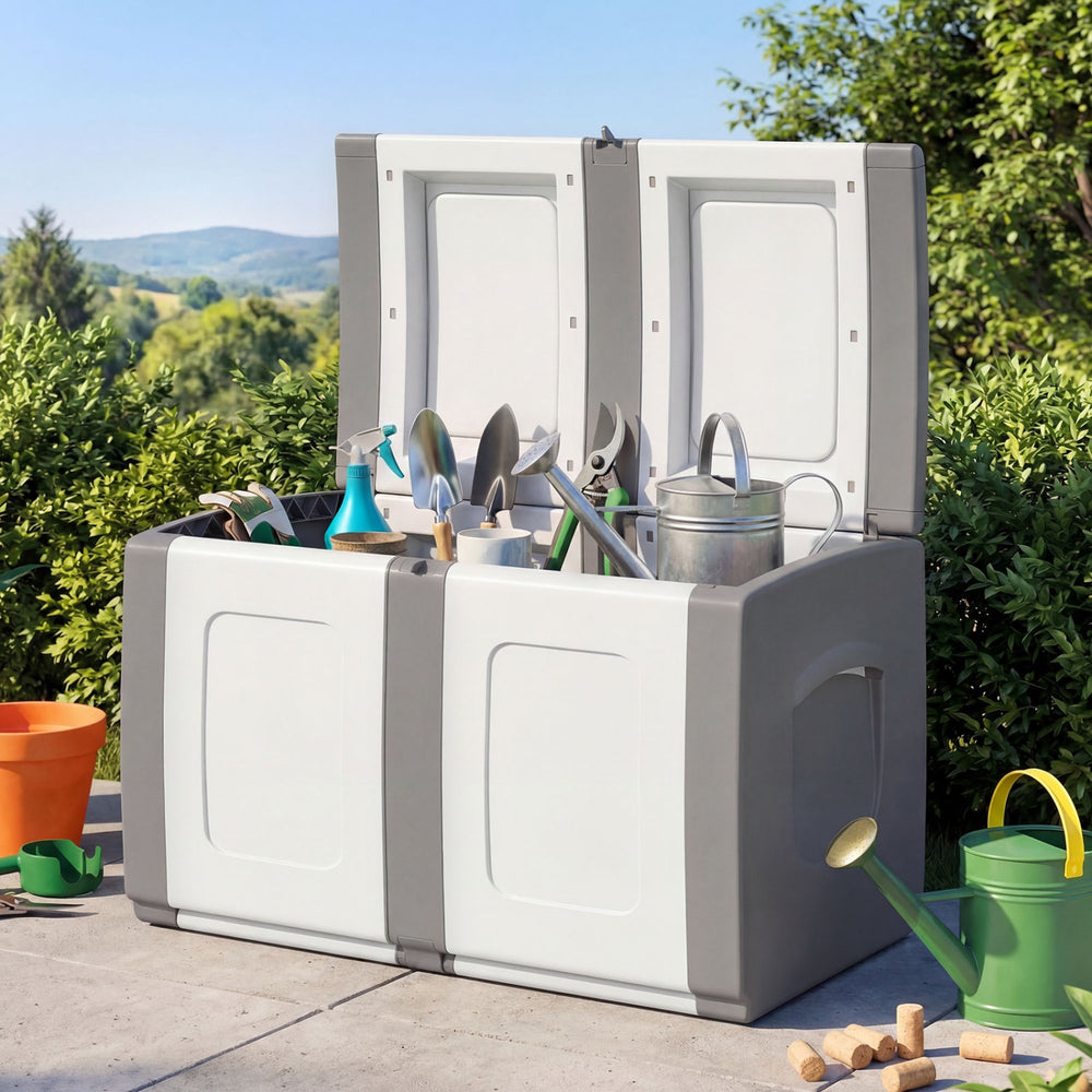 53-gallon gray patio container with lockable lid, ideal for storing outdoor supplies and doubling as a side table.