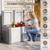 53-gallon patio container in gray with lockable lid, ideal for storing outdoor supplies and doubling as a side table.