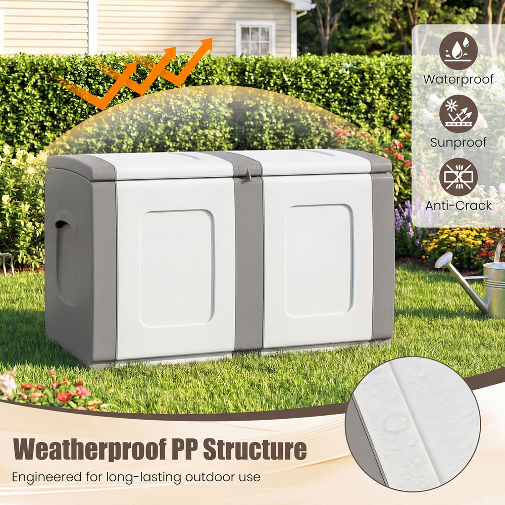 Gray 53-gallon patio container with lockable lid, waterproof PP material, ideal for outdoor storage and stylish side.