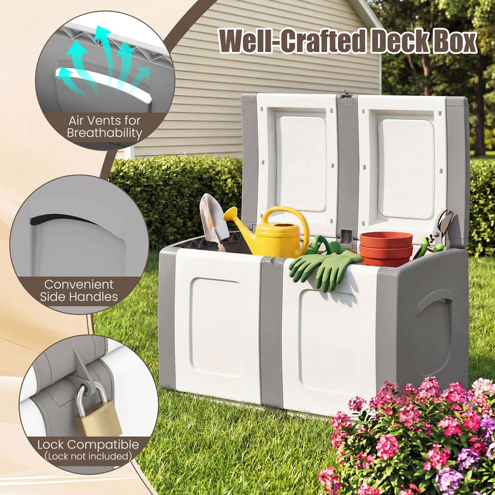 53-gallon gray patio container with lockable lid, side handles, and air vents for breathable outdoor storage.
