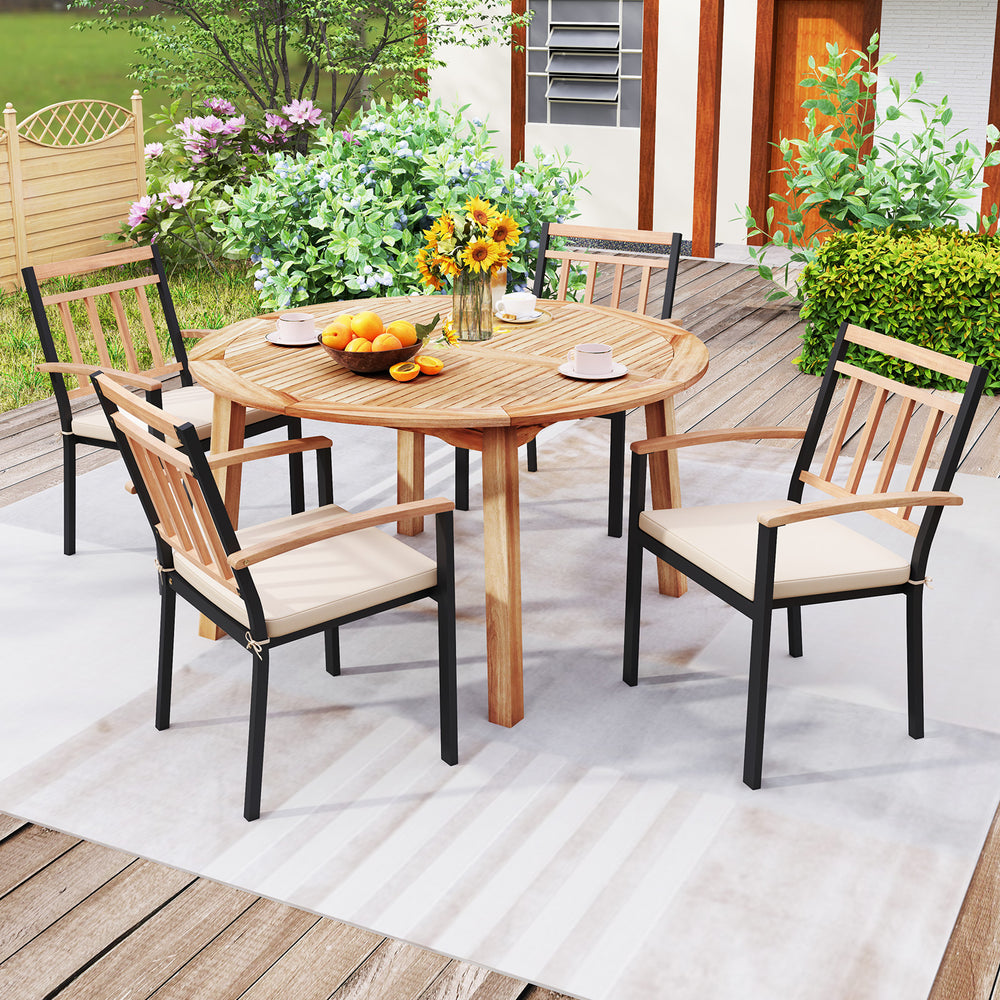 Round 53-inch outdoor acacia wood dining table for 4-6 people, featuring a slatted top and sturdy legs, ideal for.