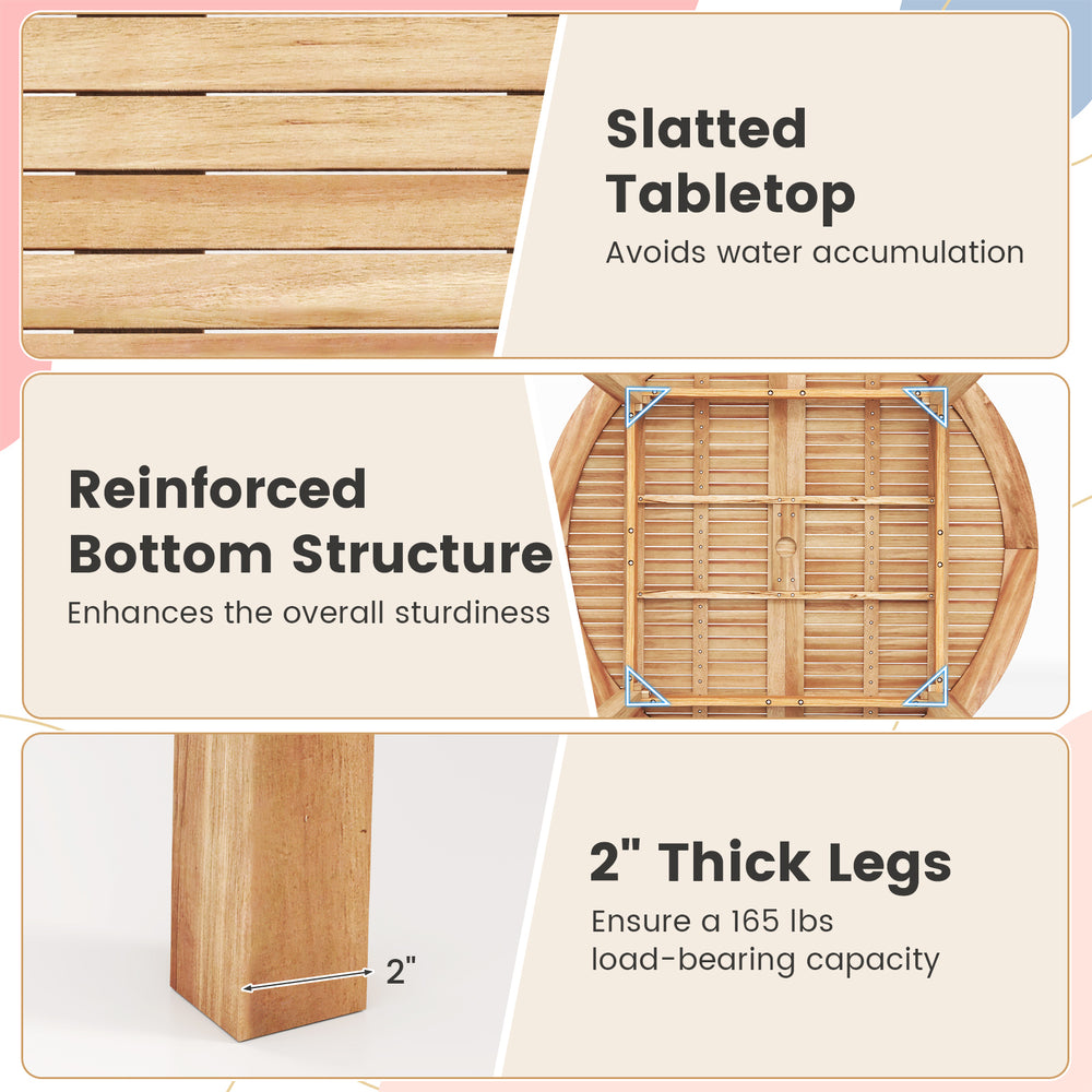 Slatted tabletop of a 53-inch outdoor acacia wood dining table, designed for 4-6 people, prevents water accumulation.