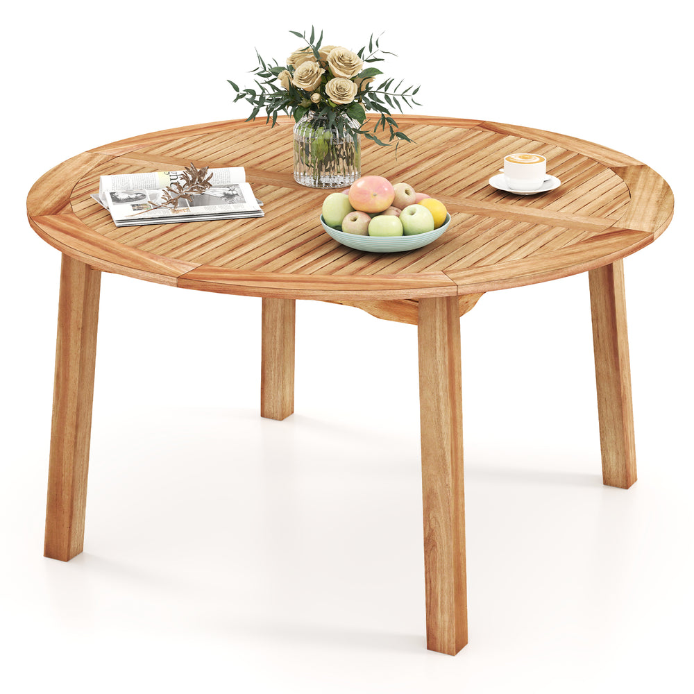 Round 53-inch outdoor dining table made of acacia wood, suitable for 4-6 people, ideal for garden or poolside use.