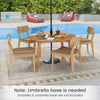Close-up of the sturdy legs of a 53-inch outdoor acacia wood dining table, supporting 4-6 people, perfect for outdoor.