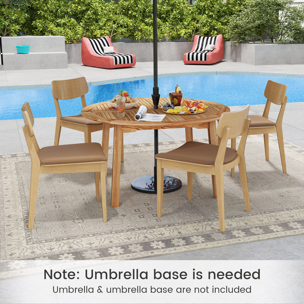 Close-up of the sturdy legs of a 53-inch outdoor acacia wood dining table, supporting 4-6 people, perfect for outdoor.