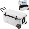 Portable 53 quart rolling cooler in white with fish ruler, 2 ice bags, and easy-grip handles for outdoor activities.