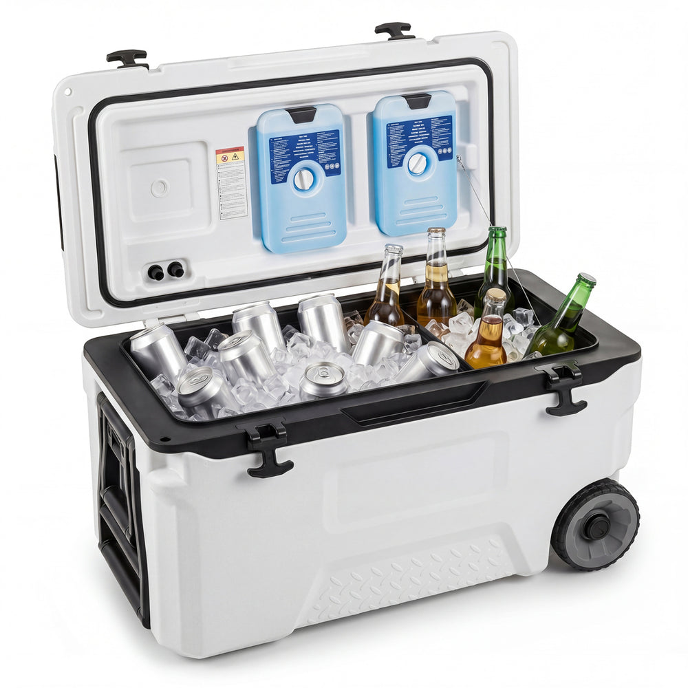 Portable 53 quart rolling cooler in white with ice bags, holds 87 cans, ideal for camping and outdoor activities.