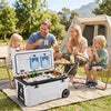 Portable 53 quart rolling cooler with fish ruler, featuring sturdy design and easy transport for camping and picnics.