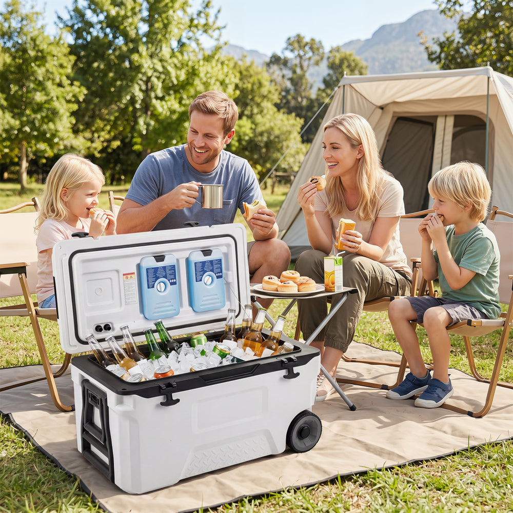Portable 53 quart rolling cooler with fish ruler, featuring sturdy design and easy transport for camping and picnics.