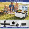 Portable 53 quart rolling cooler with fish ruler, secure latch, and drainage hole, ideal for camping and picnics.