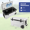 53 Quart Portable Rolling Cooler in white features sturdy HDPE construction, two wheels, and a fish ruler for outdoor use.