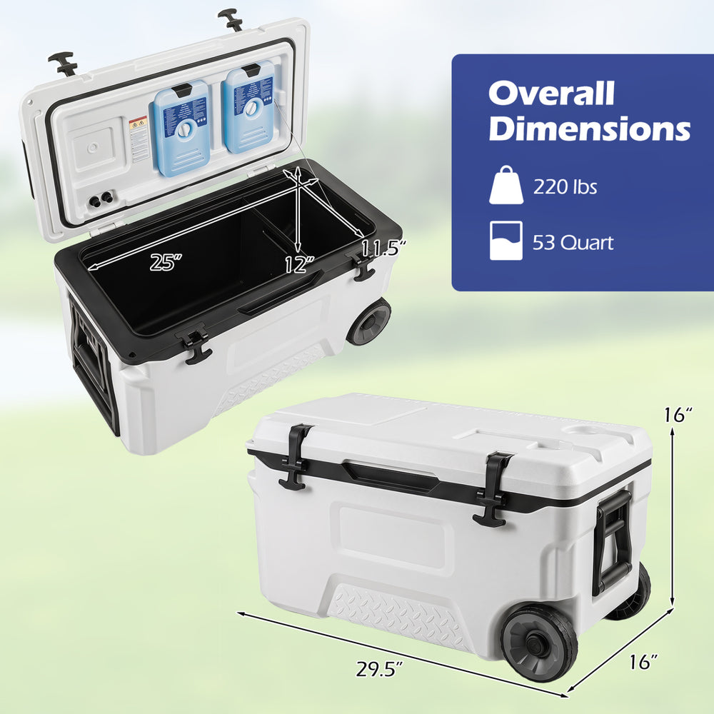53 Quart Portable Rolling Cooler in white features sturdy HDPE construction, two wheels, and a fish ruler for outdoor use.