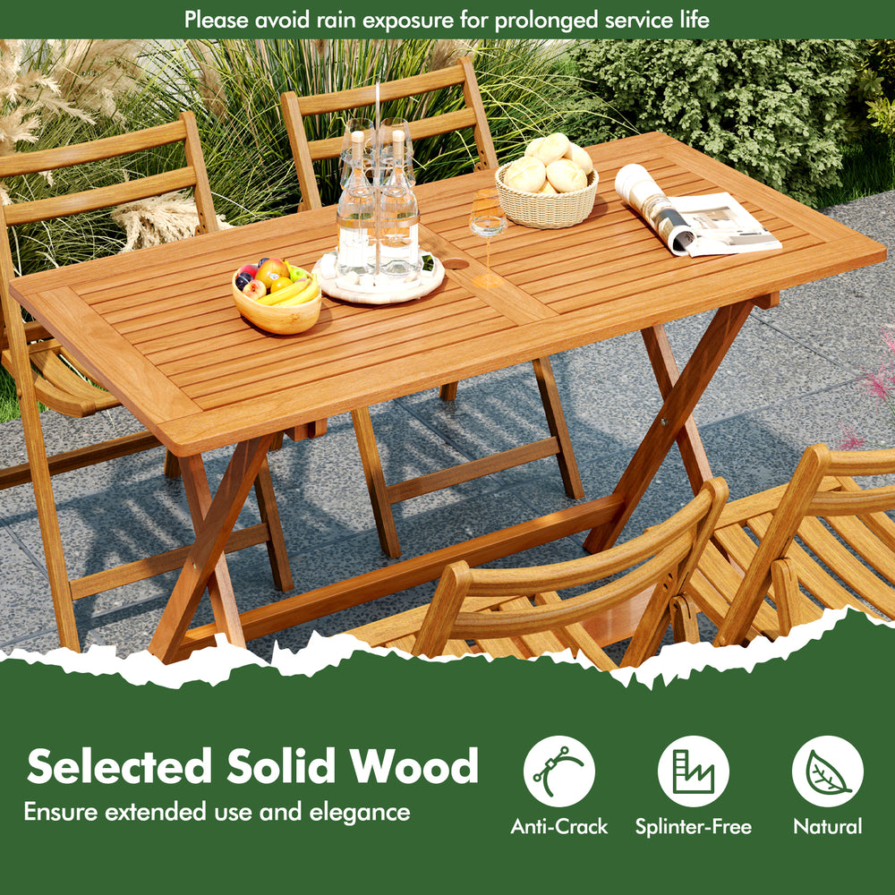 Patio dining table with teak finish, 54.5"x27.5", featuring an umbrella hole, ideal for backyard and poolside use.