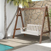 54-inch white HDPE patio porch swing with cup holder, featuring a slatted design and rustproof chains for outdoor use.